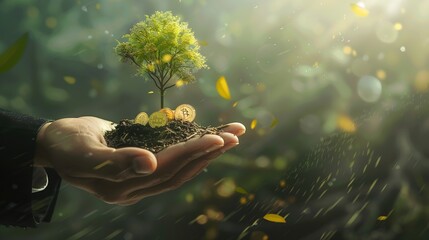 Poster - A businessman holding a coin with a tree that grows and a tree that grows on a pile of money The idea of maximizing the profit from the business investment : Generative AI