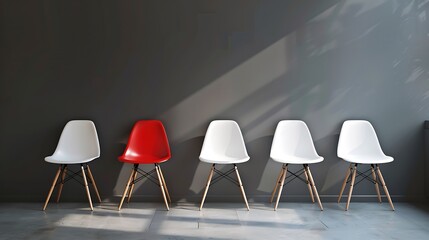 three vacant white chairs and one red on gray wall background in office or room simple minimalist in