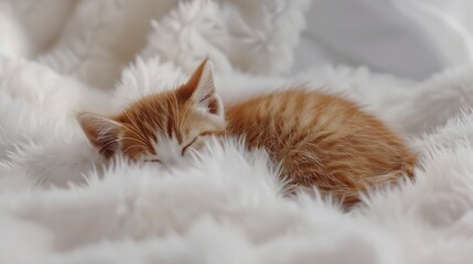 Poster - Cute little red kitten sleeps on fur white blanket : Generative AI