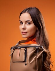 Wall Mural - portrait of a girl,A modern of a paper bag with a ziplock isolated on a orange background,