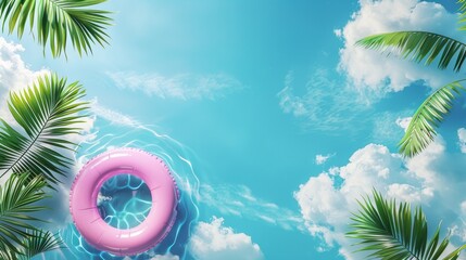 Wall Mural - 3d render of tropical summer background with swimming ring, clouds and palm leaves on blue sky top view