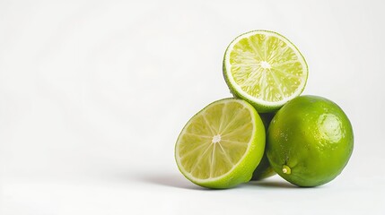Poster - Green lime with cut in half and slices isolated on white background : Generative AI