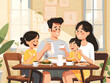 © NoonPanaya - Asian family father, mother, and daughter eating breakfast with milk in the dining room.Parents and daughter enjoying breakfast with milk in a warm, inviting kitchen .