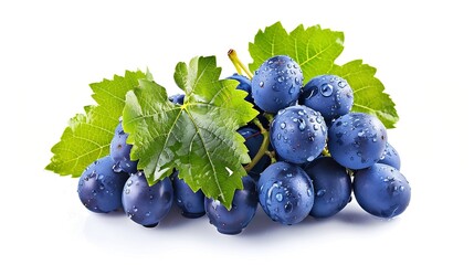 Poster - Dark blue grape with leaves isolated on white background Wet fruit With clipping path Full depth of field : Generative AI