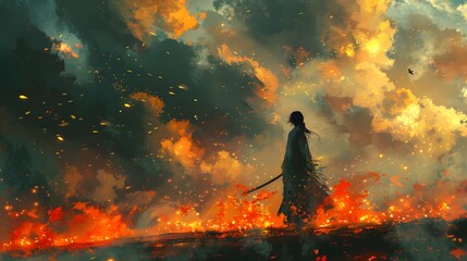 A lone samurai stands amidst a fiery battlefield, surrounded by flames and smoke, creating a dramatic and intense scene.