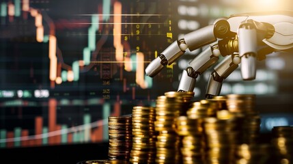 Wall Mural - Robot trading concept Robot hand represents use of artificial intelligence in trading stocks Gold coins are displayed as graphs on smartphone Digital transformation technology Ai make  : Generative AI