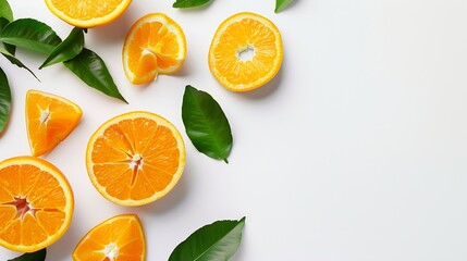 Poster - Orange fruit with segment and green leaves isolated on white background : Generative AI