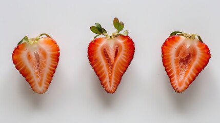 Poster - Isolated strawberries Three fruits one cut in half on white background : Generative AI