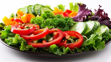 Wall Mural - Fresh and Vibrant Tossed Salad with Lettuce and Red Bell Peppers on White Plate - Healthy Food Concept