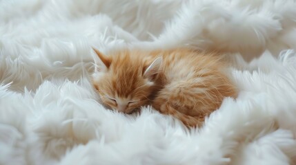 Poster - Cute little red kitten sleeps on fur white blanket : Generative AI