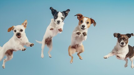 Aufkleber - Young dogs jumping playing flying Cute doggies or pets are looking happy isolated on colorful or gradient background Studio Creative collage of different breeds of dogs Flyer for your  : Generative AI
