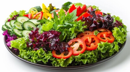 Wall Mural - Fresh and Colorful Tossed Salad with Vibrant Greens and Red Bell Peppers on White Plate - Healthy Eating Concept