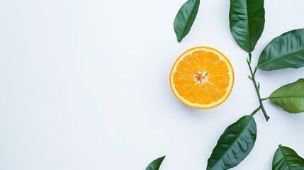 Poster - Natural  Valecia orange fruit with cut in half and green leaves isolated on white background : Generative AI