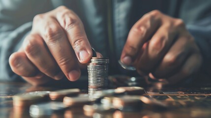 Poster - Man counts his coins on a table Personal finance finance management savings thrifty or avarice concept : Generative AI