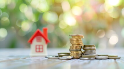 Poster - Property taxinvestment planningbusiness real estate View Of coin stack with house model mortgage loading real estate property with loan money bank conceptHome sales and home insurance  : Generative AI