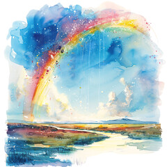 Poster - A serene watercolor painting depicts a rainbow appearing in the sky above a tranquil landscape, set against a transparent background.