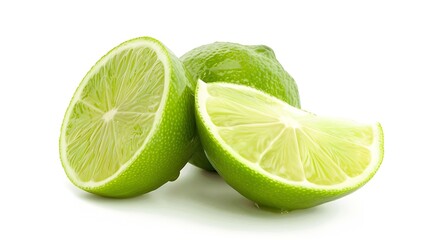Poster - Green lime with cut in half and slices isolated on white background : Generative AI