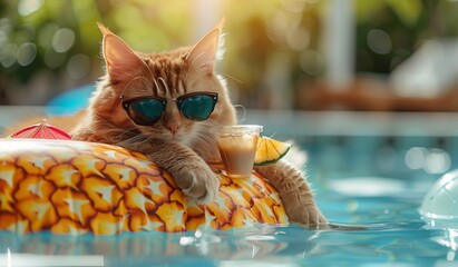 Funny cat wearing sunglasses in pool,playing with colorful inflatable ring in outdoor swimming pool on hot summer day,,ai,3D render,generative ai,selective focus.