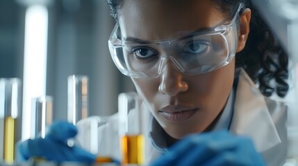 Poster - concentrated woman scientist conducting experiment in laboratory