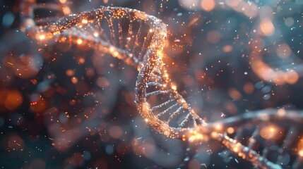 Poster - Glowing DNA Helix with Dynamic Energy Connections in a Futuristic Scientific Landscape