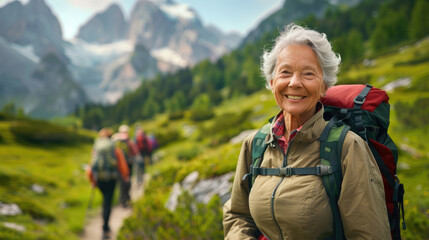 Portrait of a senior woman trekking with a group in mountains