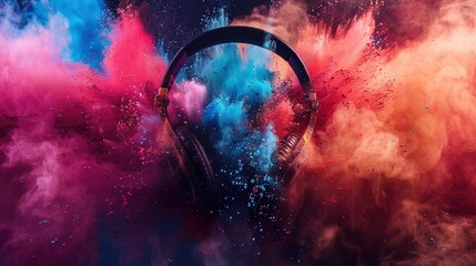 Wall Mural - Music Festival Concept - Headphone and Colorful Powder Vivid Color
