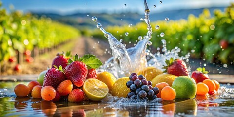 Wall Mural - Close up shot of fresh fruits splashing in water with a vineyard background