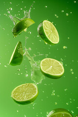 Wall Mural - Fresh, juicy green lime slices levitate and fall. Bright green background. Splash of water and flying drops. Refreshing lime juice. Citrus.