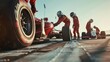 © Paul - Swift pit stop, crew members changing tires with speed, race car on the track, clear sky backdrop