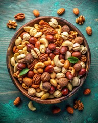 Sticker - Assorted nuts and dried fruits arranged in a wooden bowl.