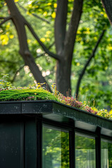 Eco-friendly home with living roof: Close-up of a house featuring a roof covered in vegetation.