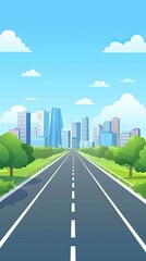 Wall Mural - Cartoon highway. Empty road with city skyline on horizon and nature landscape, highway view