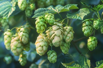 Poster - Closeup View of Botanical Hops Cones and Leaves in Green Muted Colors for Craft Beer