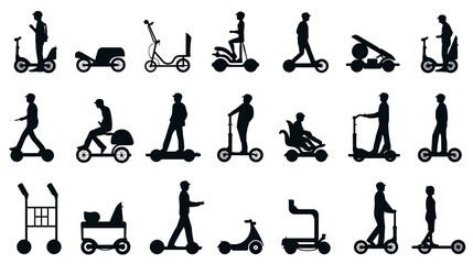 scooter electric kick ride glyph person vector icon riding symbol signs illustration isolated transportation wheel people transport silhouette blue