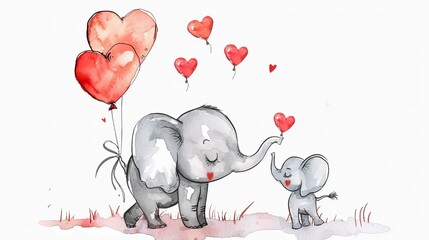 Poster - cartoon elephant holding love balloons 