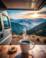 Canvas Print - Cozy Van Interior Overlooking Scenic Mountain View with Coffee