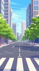 Wall Mural - Cartoon crosswalk. City streets intersections with no automobile traffic and pedestrians, urban landscape with crosswalk. Vector illustration