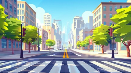 Wall Mural - Cartoon crosswalk. City streets intersections with no automobile traffic and pedestrians, urban landscape with crosswalk. Vector illustration