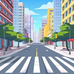 Wall Mural - Cartoon crosswalk. City streets intersections with no automobile traffic and pedestrians, urban landscape with crosswalk. Vector illustration