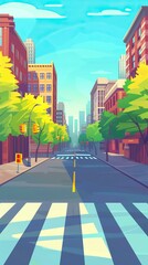 Wall Mural - Cartoon crosswalk. City streets intersections with no automobile traffic and pedestrians, urban landscape with crosswalk. Vector illustration