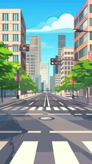 Wall Mural - Cartoon crosswalk. City streets intersections with no automobile traffic and pedestrians, urban landscape with crosswalk. Vector illustration