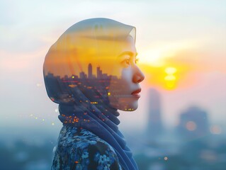 Wall Mural - Double exposure portrait of Muslim woman looking out to mega cityscape, with beautiful sunset