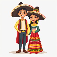 Wall Mural - Cartoon Couple in Traditional Mexican Costume Vector Illustration 