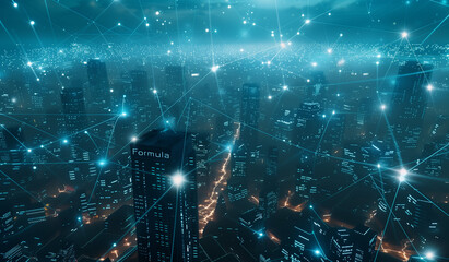 Wall Mural - Futuristic cityscape with digital lines connecting buildings, symbolizing smart urban management and data center technology, illuminated at night
