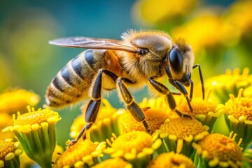 detail of bee or honeybee in Latin Apis Mellifera, european or western honey bee pollinated of the yellow flower