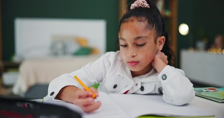 Fototapete - Education, remote learning or girl child in house for writing homework, essay or assignment note. Studying, book or kid student in bedroom with school project journal, assessment or exam practice