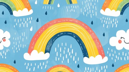 Hand-drawn rainbows and rain drops on a seamless sky pattern, light blue background, whimsical and fun, perfect for children's decor