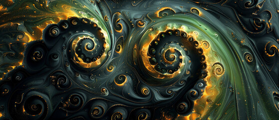 Poster - Psychedelic black and gold swirls with neon green accents, Digital Art
