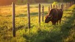 © Paul - Electric fence with buffalo grazing on fresh green grass, detailed close-up of pasture and fence, golden hour lighting