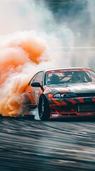 Car drifting, Blurred image diffusion race drift car with lots of smoke from burning tires on speed track